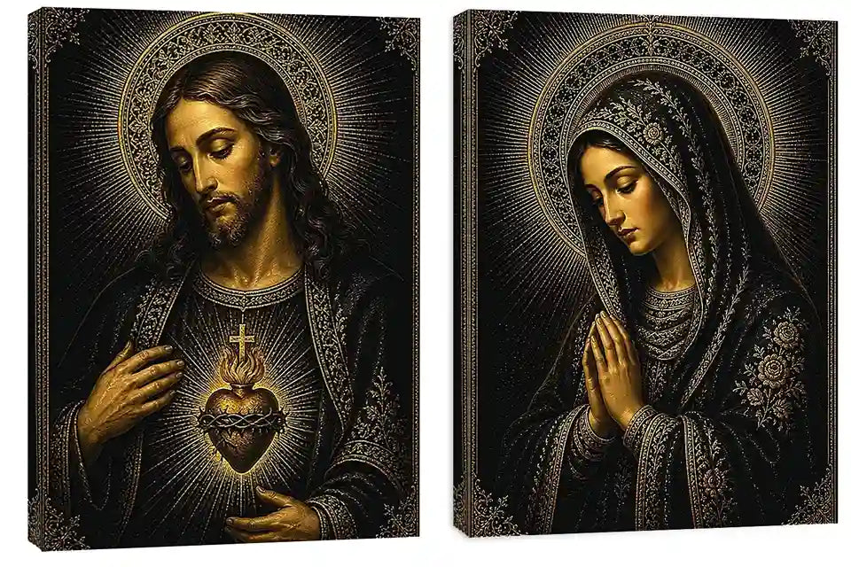 Dark Jesus and Mary religious canvas art with gold halos and sacred heart detail.