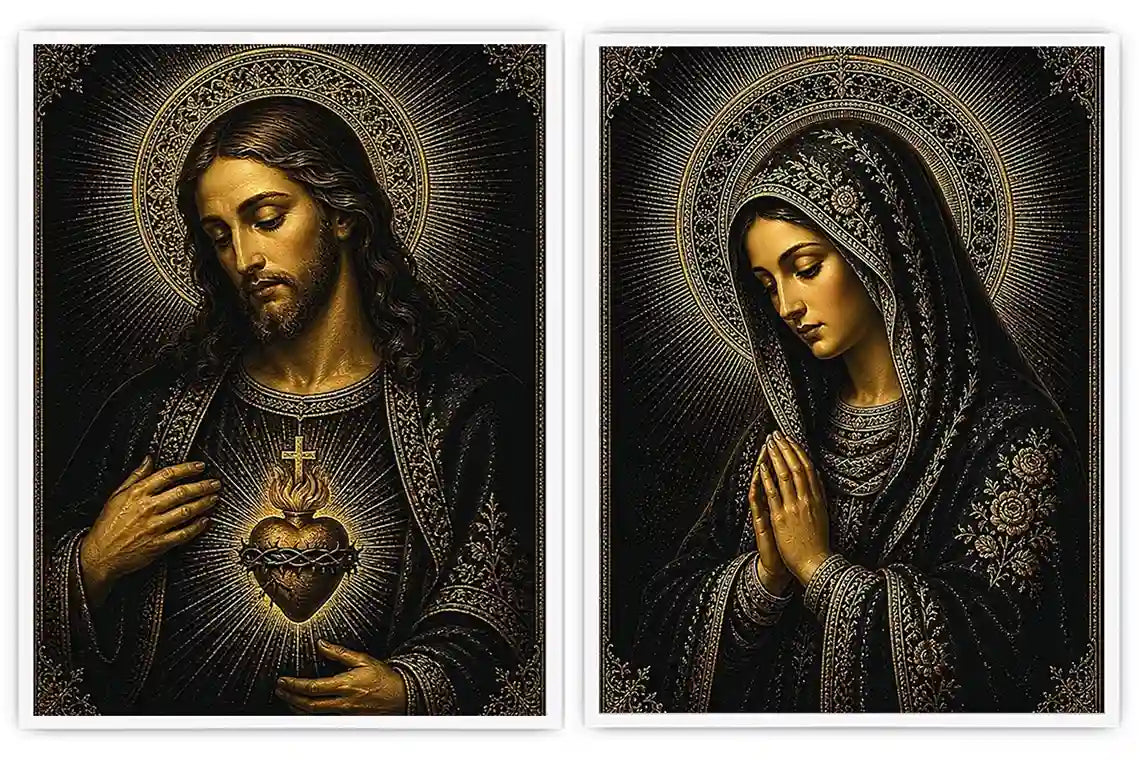 Dark Jesus and Mary religious canvas art with gold halos and sacred heart detail.