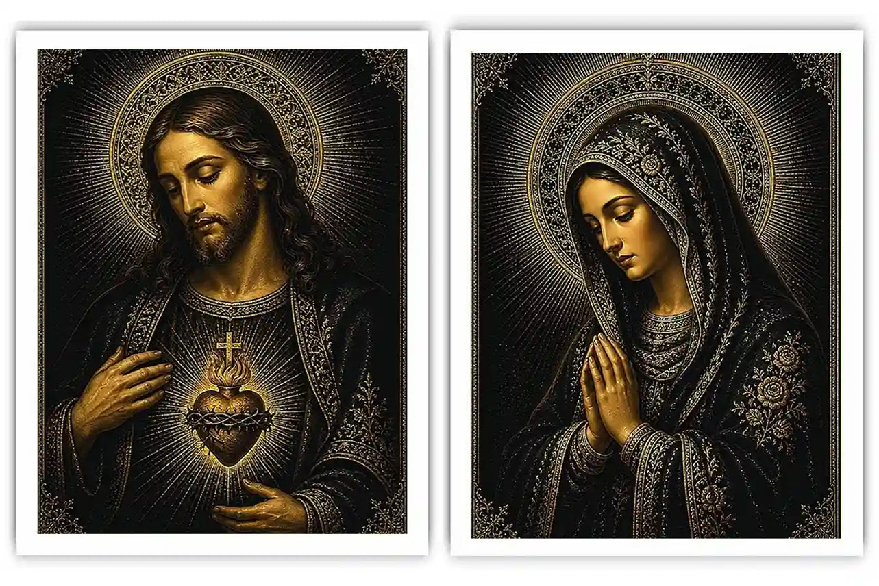 Dark Jesus and Mary religious canvas art with gold halos and sacred heart detail.