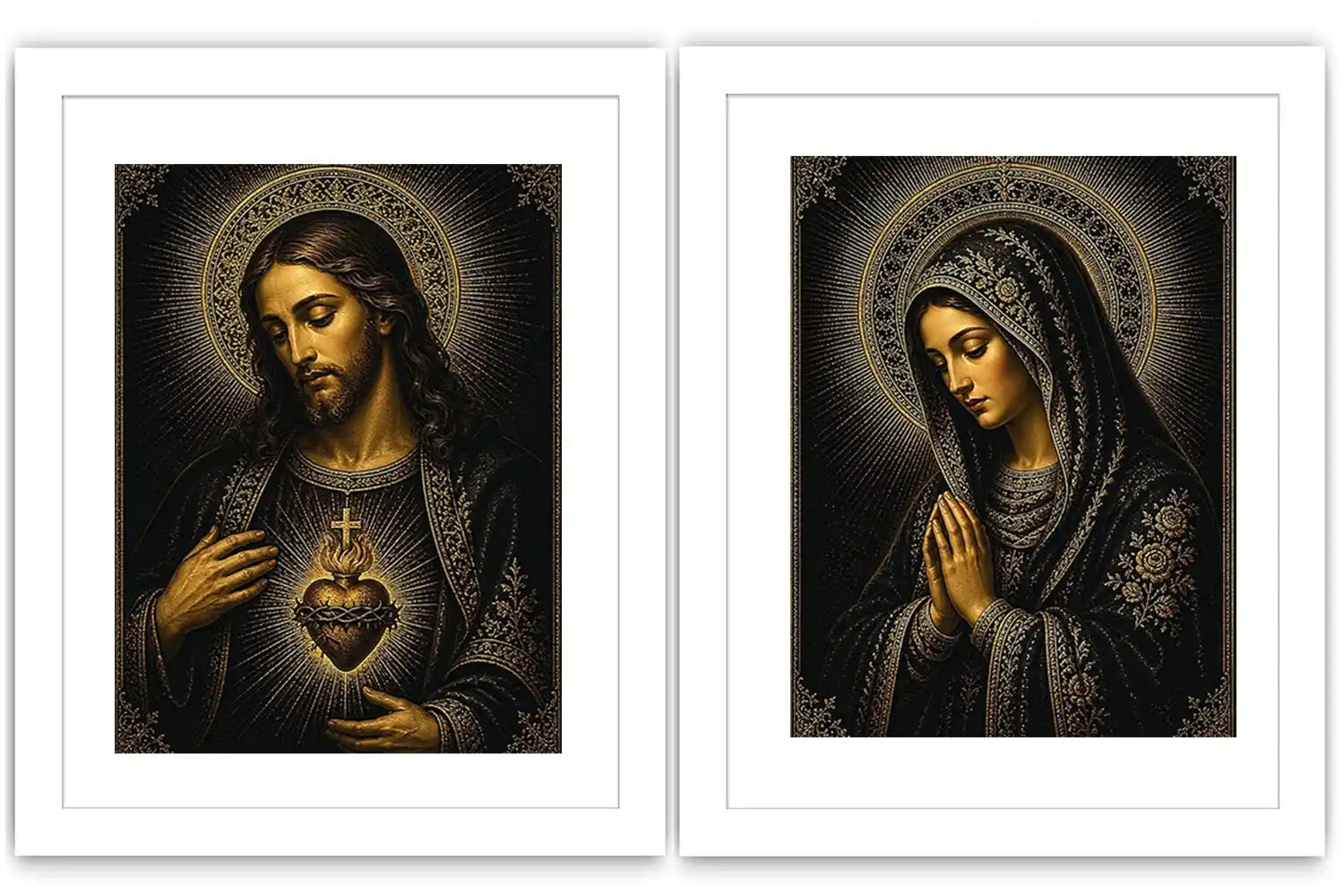 Dark Jesus and Mary religious canvas art with gold halos and sacred heart detail.