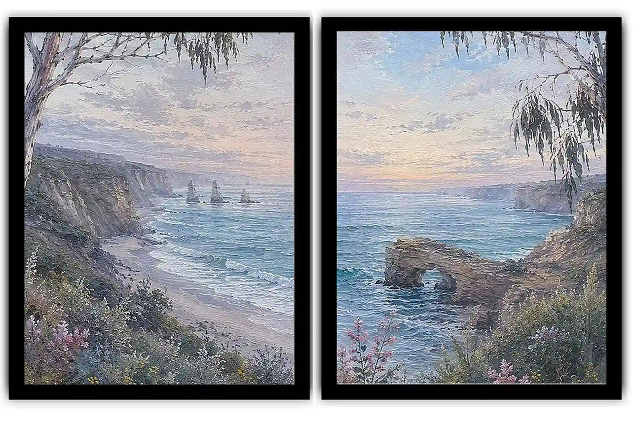 Coastal ocean landscape canvas art with cliffs, waves, rock arch, and soft blue tones.