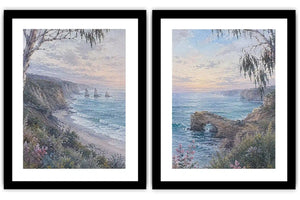 Coastal ocean landscape canvas art with cliffs, waves, rock arch, and soft blue tones.