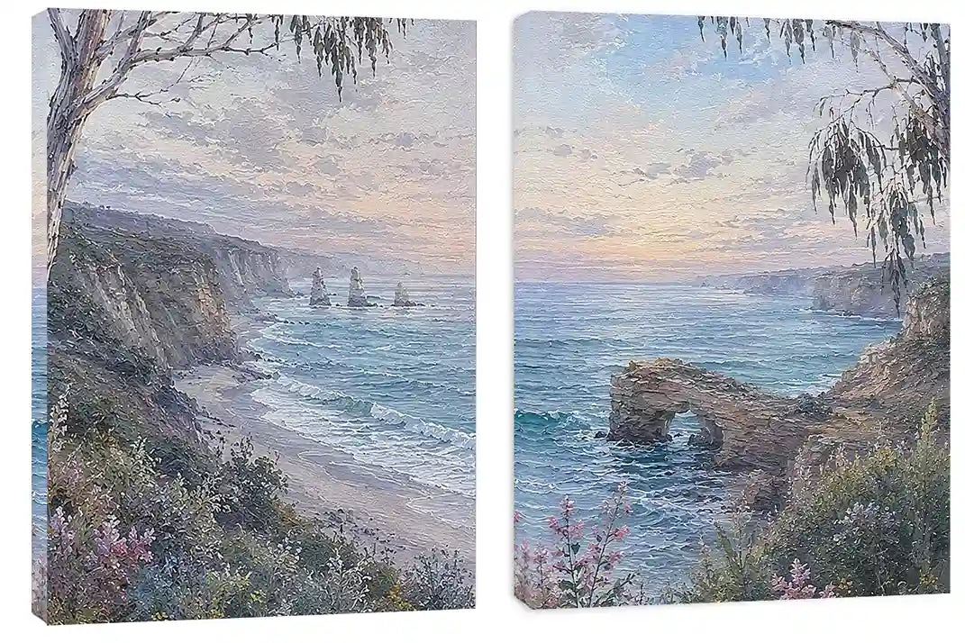 Coastal ocean landscape canvas art with cliffs, waves, rock arch, and soft blue tones.