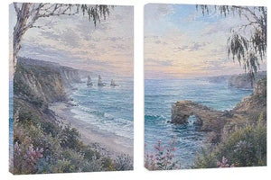 Coastal ocean landscape canvas art with cliffs, waves, rock arch, and soft blue tones.