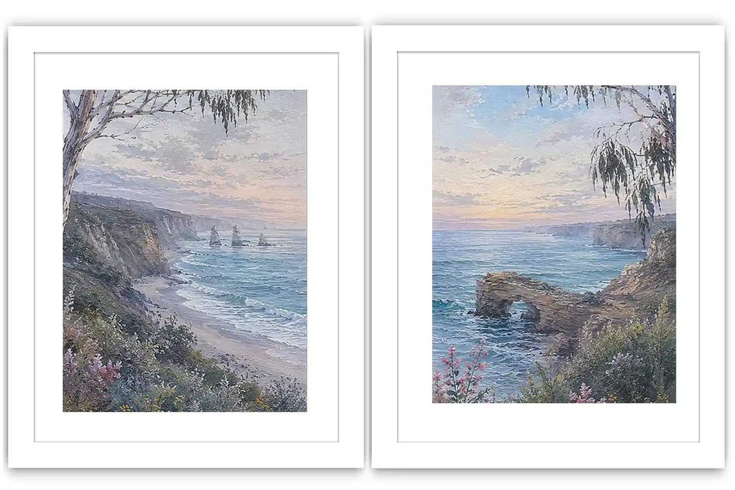 Coastal ocean landscape canvas art with cliffs, waves, rock arch, and soft blue tones.