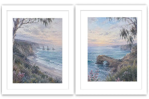 Coastal ocean landscape canvas art with cliffs, waves, rock arch, and soft blue tones.