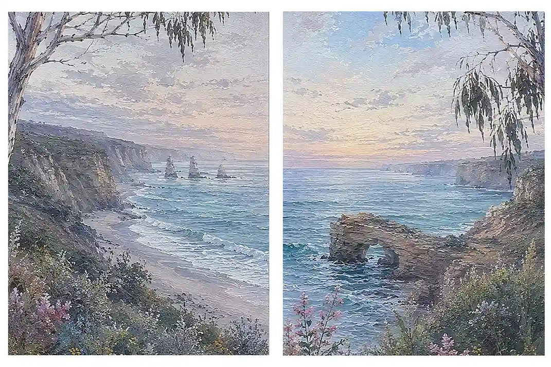 Coastal ocean landscape canvas art with cliffs, waves, rock arch, and soft blue tones.