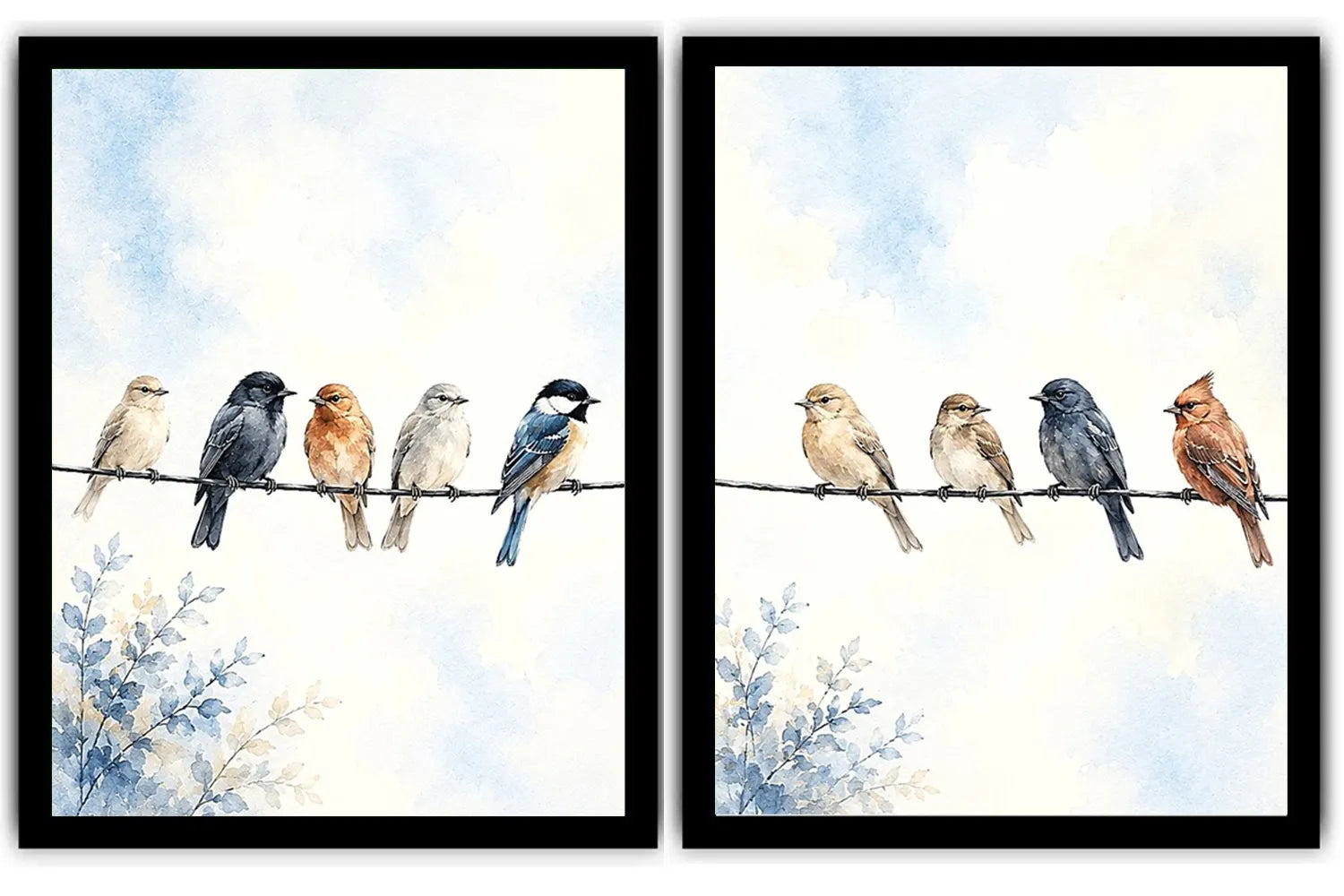 Watercolor birds on a wire canvas art with soft blue sky for peaceful home decor.