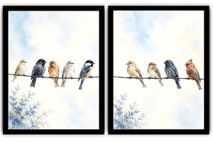 Watercolor birds on a wire canvas art with soft blue sky for peaceful home decor.