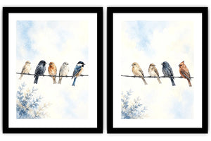 Watercolor birds on a wire canvas art with soft blue sky for peaceful home decor.