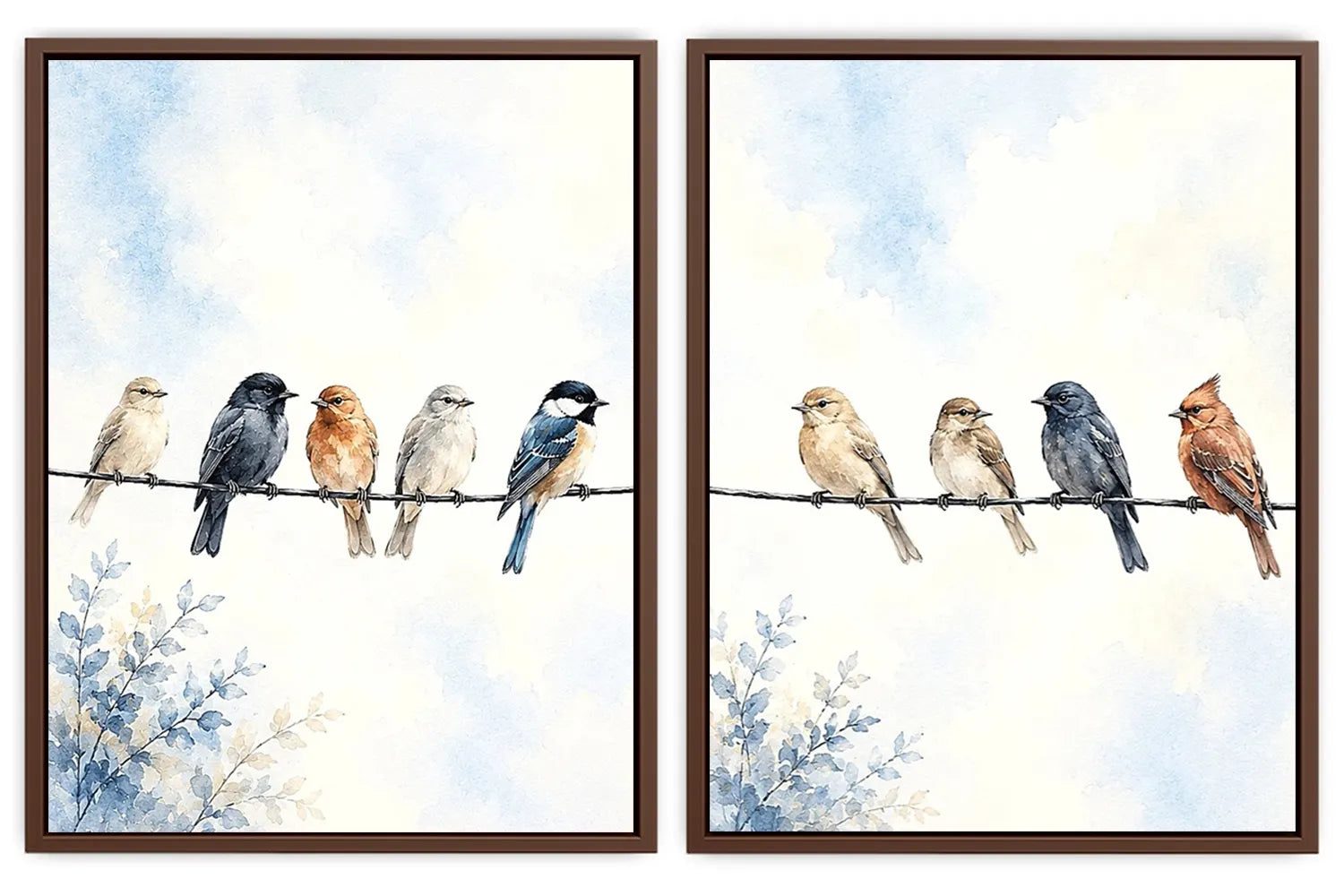 Watercolor birds on a wire canvas art with soft blue sky for peaceful home decor.