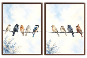 Watercolor birds on a wire canvas art with soft blue sky for peaceful home decor.