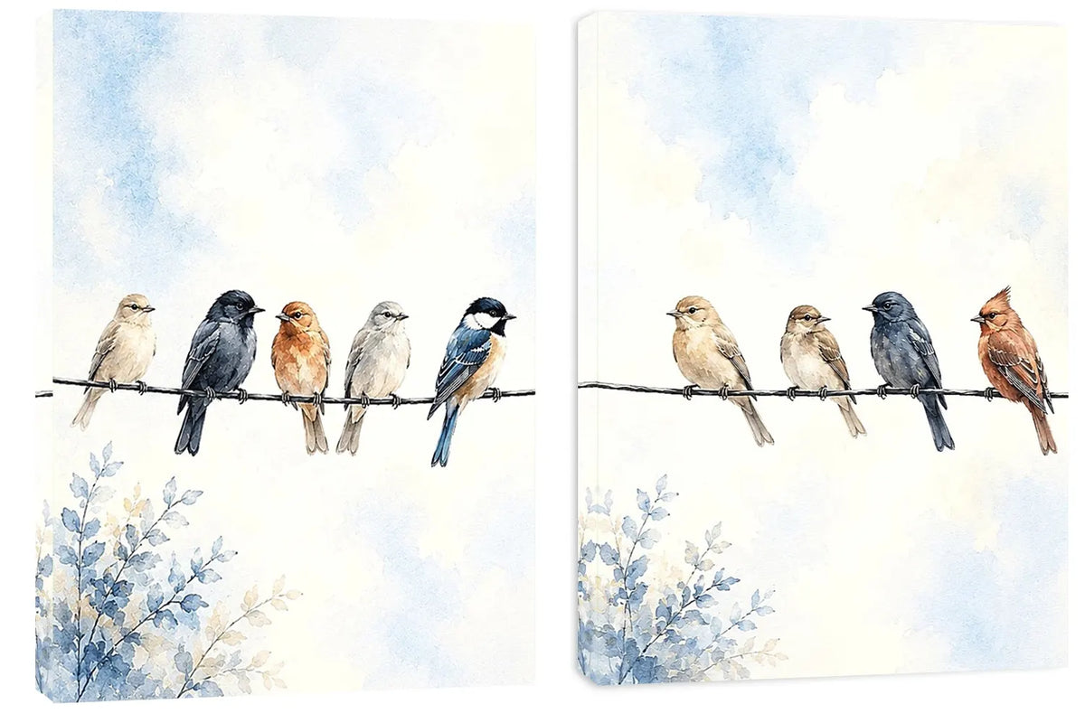 Watercolor birds on a wire canvas art with soft blue sky for peaceful home decor.