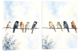 Watercolor birds on a wire canvas art with soft blue sky for peaceful home decor.
