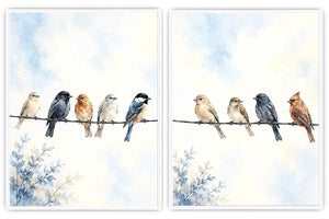 Watercolor birds on a wire canvas art with soft blue sky for peaceful home decor.