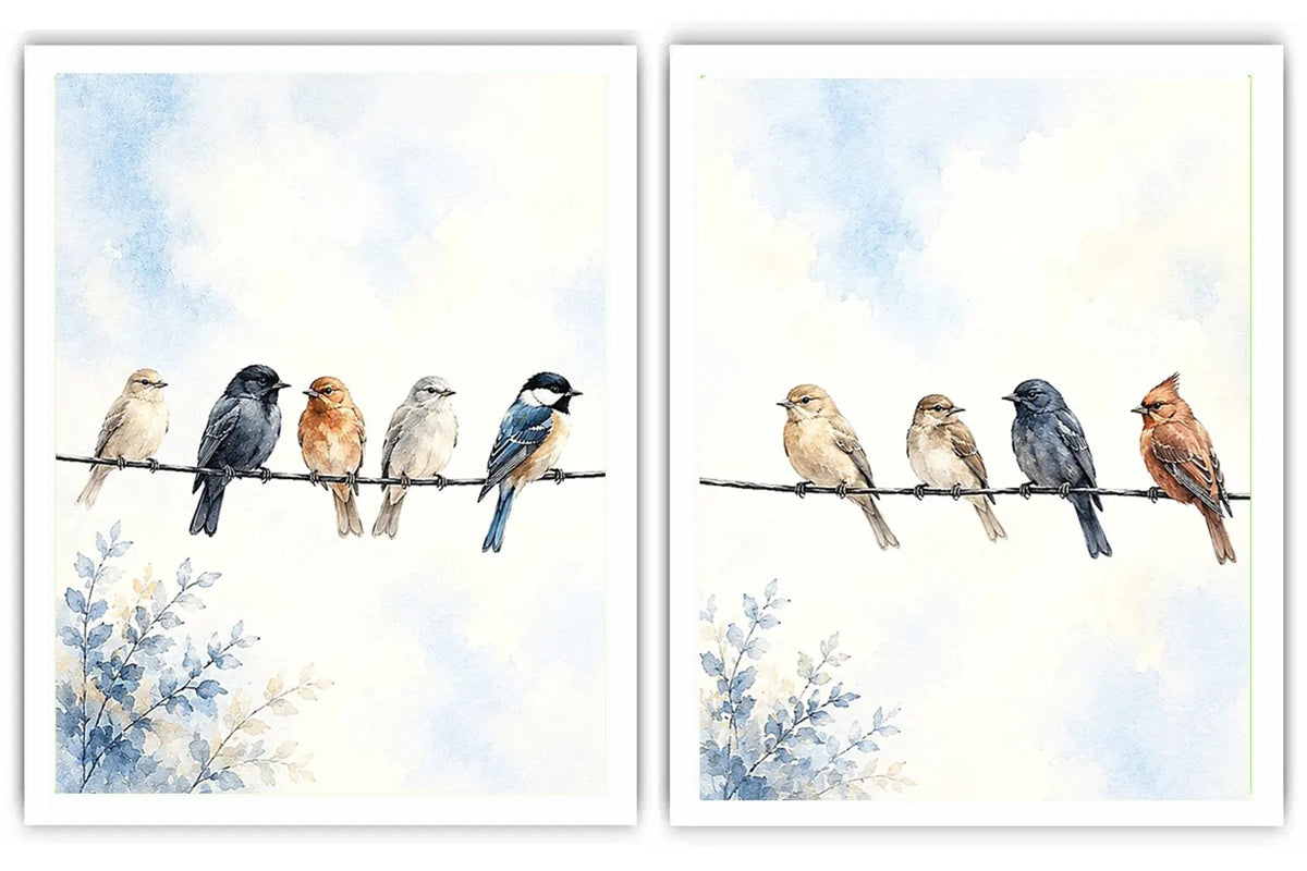 Watercolor birds on a wire canvas art with soft blue sky for peaceful home decor.