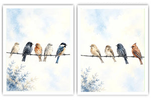 Watercolor birds on a wire canvas art with soft blue sky for peaceful home decor.