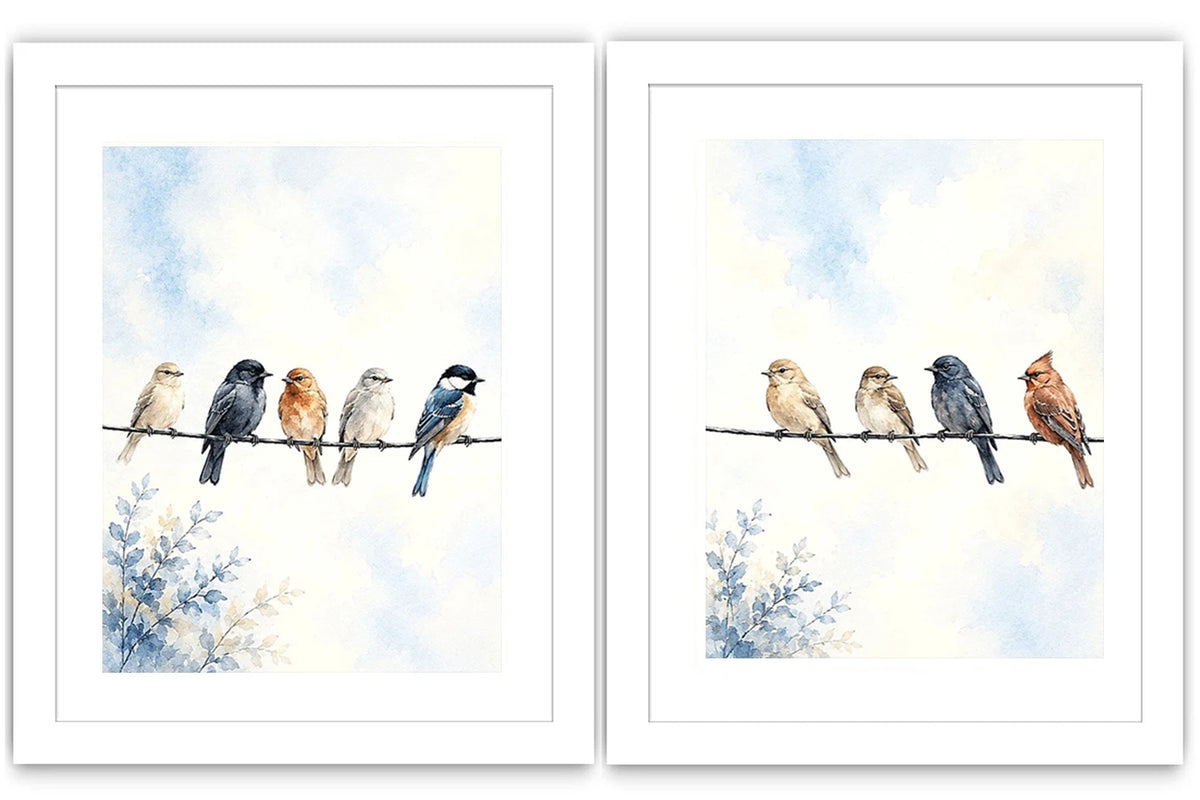 Watercolor birds on a wire canvas art with soft blue sky for peaceful home decor.