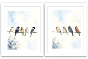 Watercolor birds on a wire canvas art with soft blue sky for peaceful home decor.