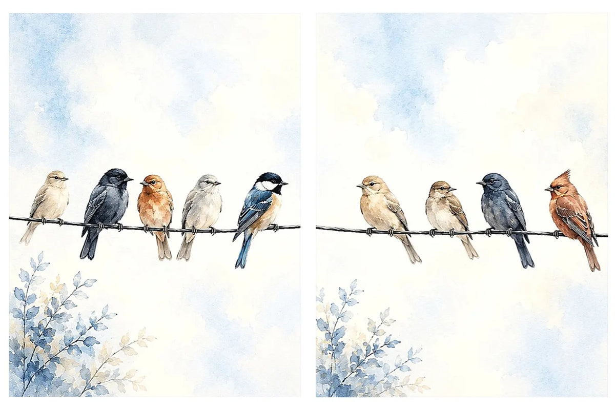 Watercolor birds on a wire canvas art with soft blue sky for peaceful home decor.