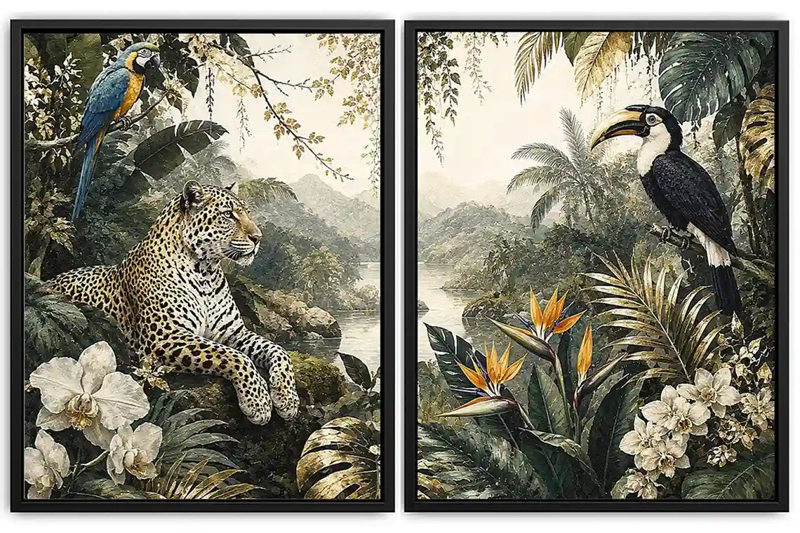 Tropical jungle diptych wall art featuring a leopard, macaw, toucan, orchids and lush rainforest foliage.