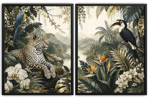 Tropical jungle diptych wall art featuring a leopard, macaw, toucan, orchids and lush rainforest foliage.