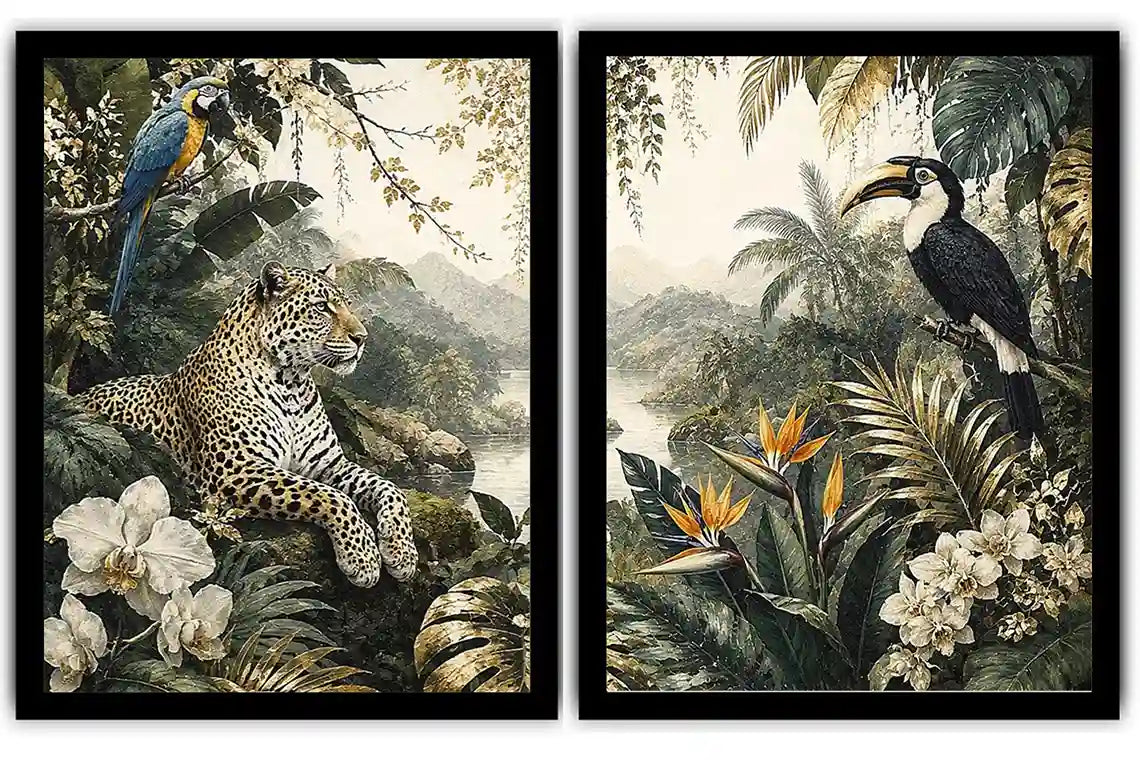 Tropical jungle diptych wall art featuring a leopard, macaw, toucan, orchids and lush rainforest foliage.