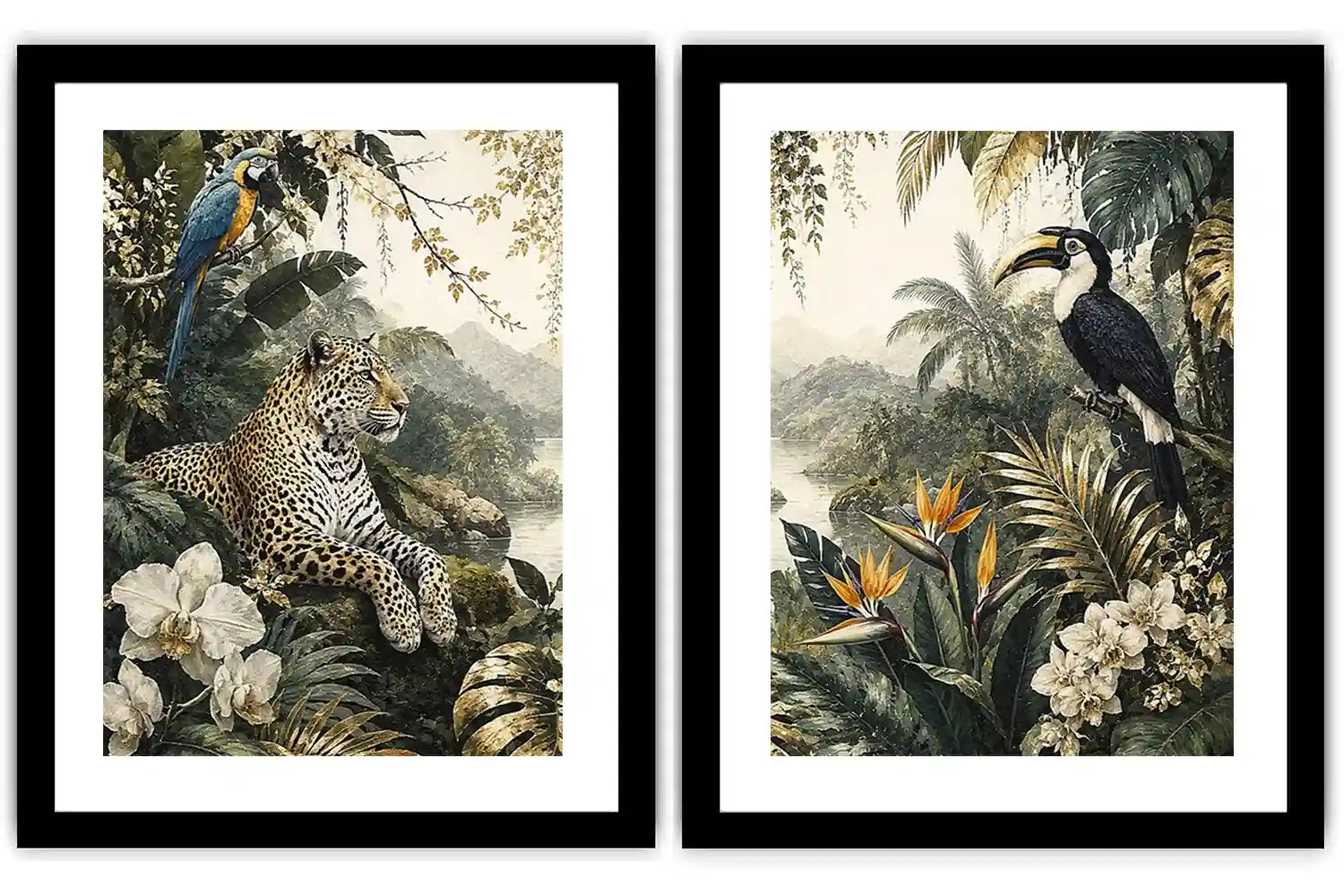 Tropical jungle diptych wall art featuring a leopard, macaw, toucan, orchids and lush rainforest foliage.