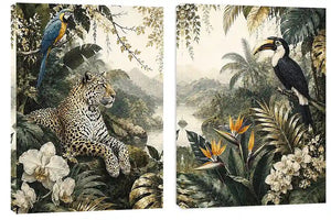 Tropical jungle diptych wall art featuring a leopard, macaw, toucan, orchids and lush rainforest foliage.