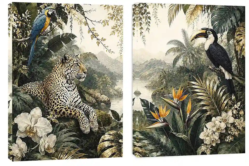 Tropical jungle diptych wall art featuring a leopard, macaw, toucan, orchids and lush rainforest foliage.