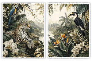 Tropical jungle diptych wall art featuring a leopard, macaw, toucan, orchids and lush rainforest foliage.