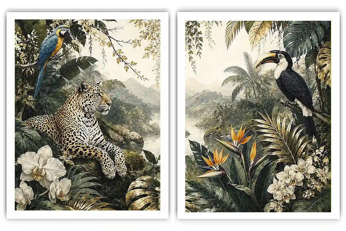 Tropical jungle diptych wall art featuring a leopard, macaw, toucan, orchids and lush rainforest foliage.