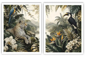 Tropical jungle diptych wall art featuring a leopard, macaw, toucan, orchids and lush rainforest foliage.