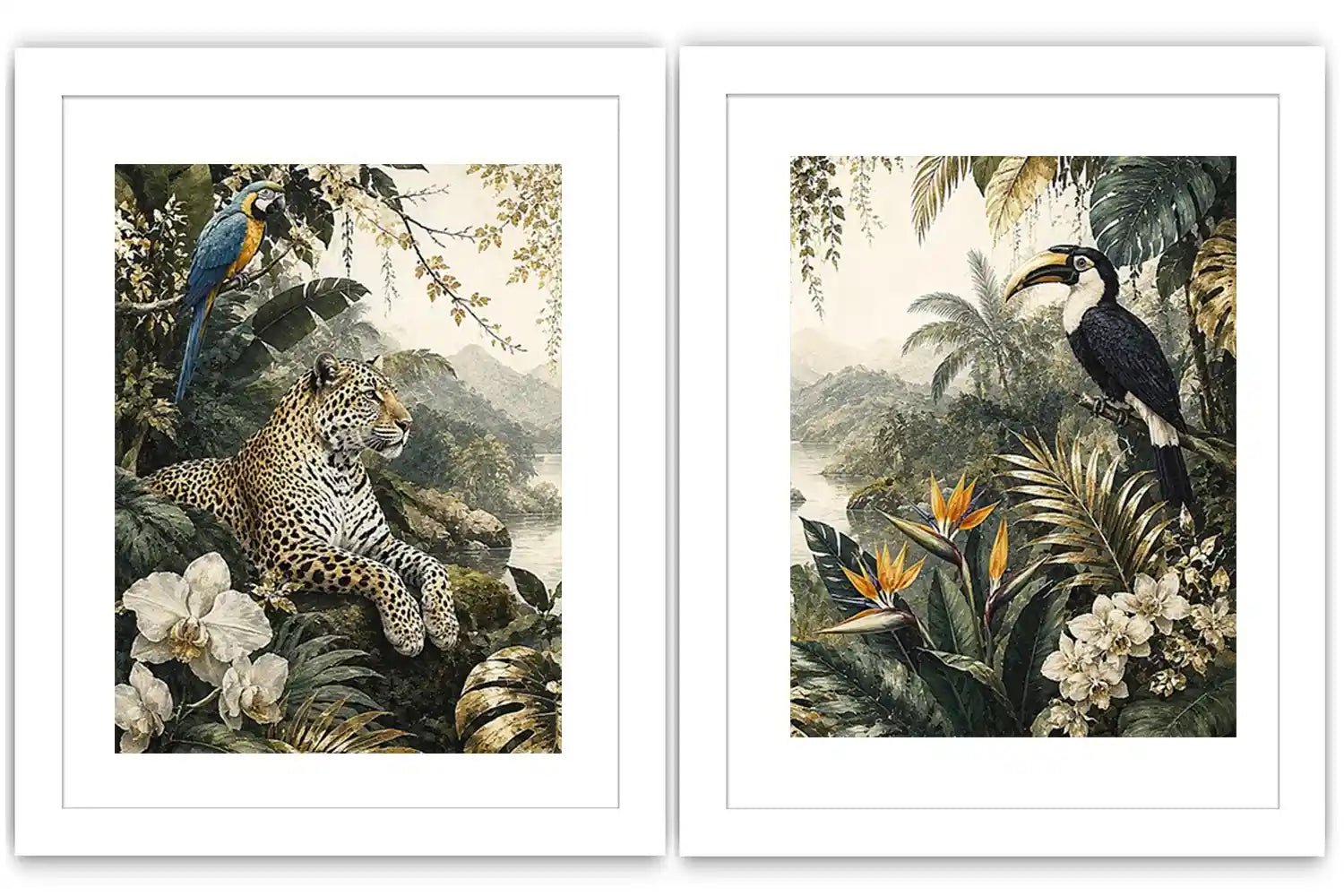 Tropical jungle diptych wall art featuring a leopard, macaw, toucan, orchids and lush rainforest foliage.