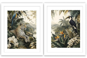 Tropical jungle diptych wall art featuring a leopard, macaw, toucan, orchids and lush rainforest foliage.