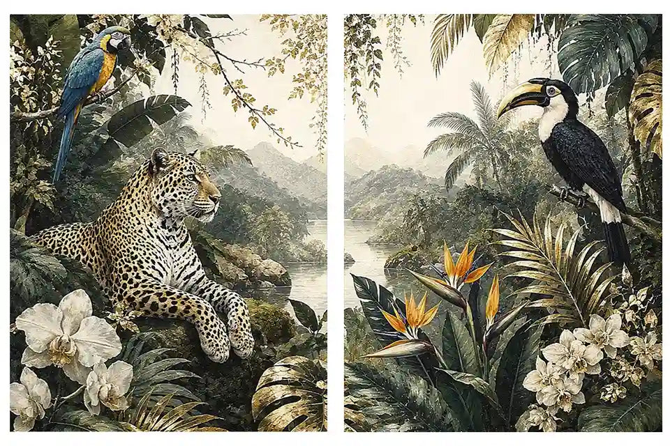 Tropical jungle diptych wall art featuring a leopard, macaw, toucan, orchids and lush rainforest foliage.