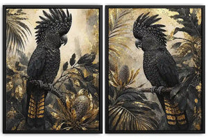 Black cockatoo botanical diptych wall art with dark tropical foliage, palms and banksia-style flowers.