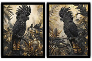 Black cockatoo botanical diptych wall art with dark tropical foliage, palms and banksia-style flowers.