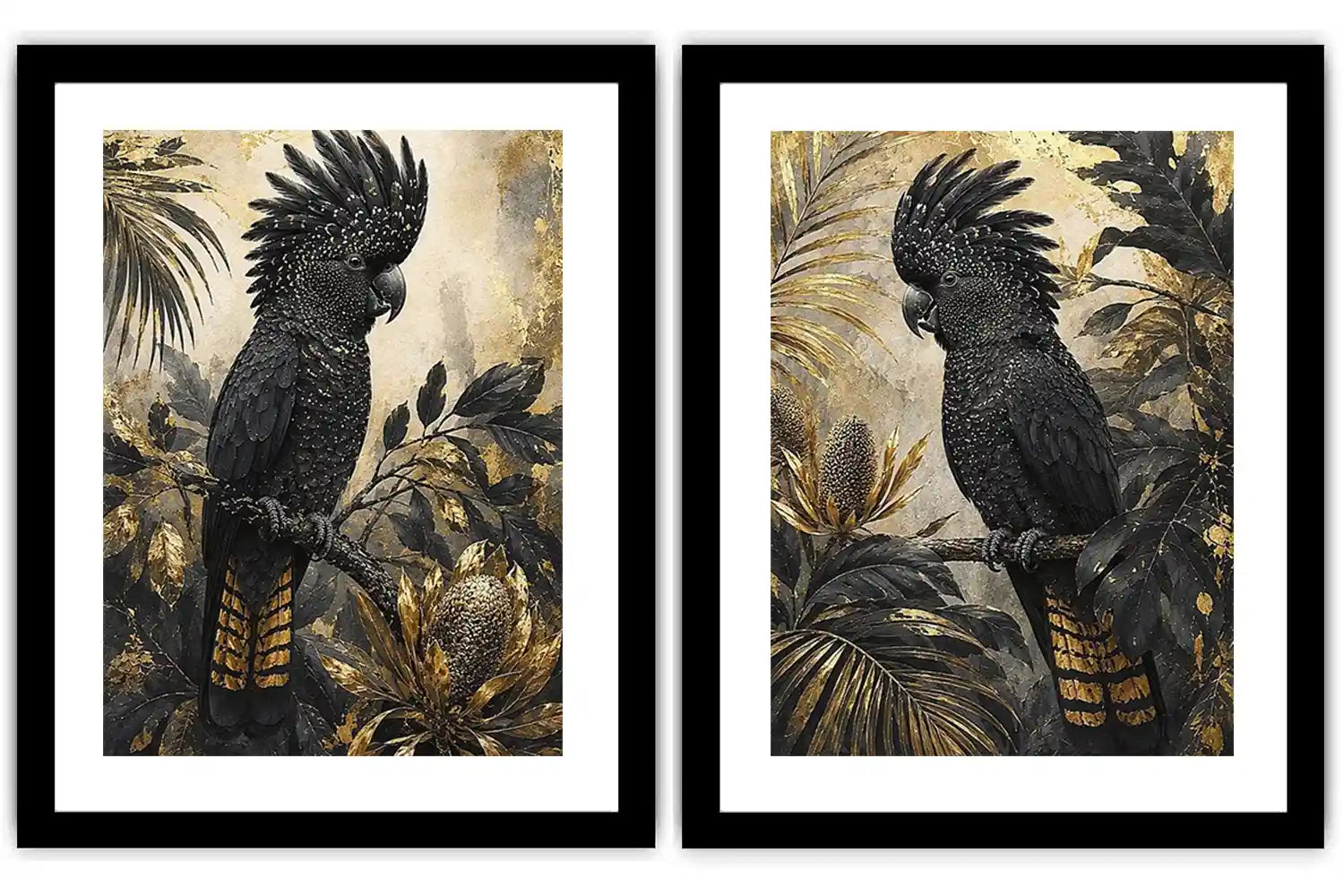 Black cockatoo botanical diptych wall art with dark tropical foliage, palms and banksia-style flowers.