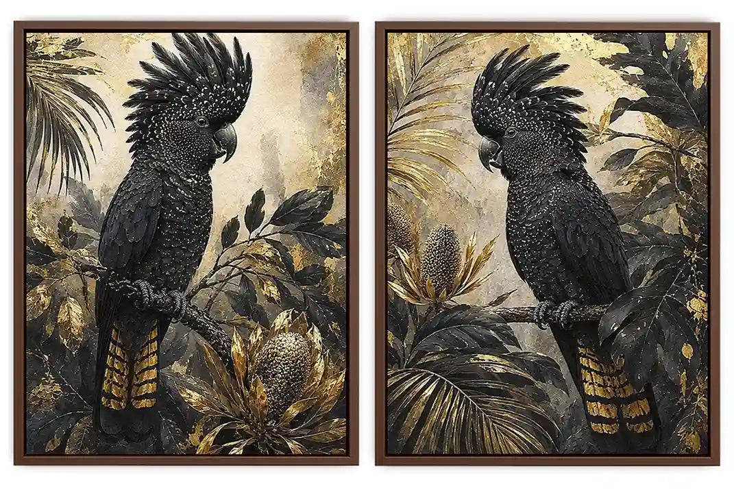 Black cockatoo botanical diptych wall art with dark tropical foliage, palms and banksia-style flowers.