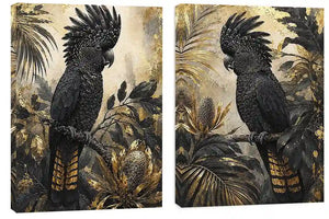 Black cockatoo botanical diptych wall art with dark tropical foliage, palms and banksia-style flowers.