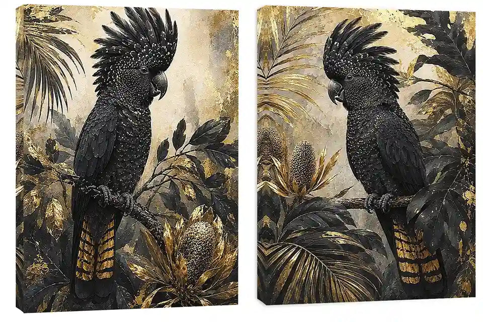 Black cockatoo botanical diptych wall art with dark tropical foliage, palms and banksia-style flowers.