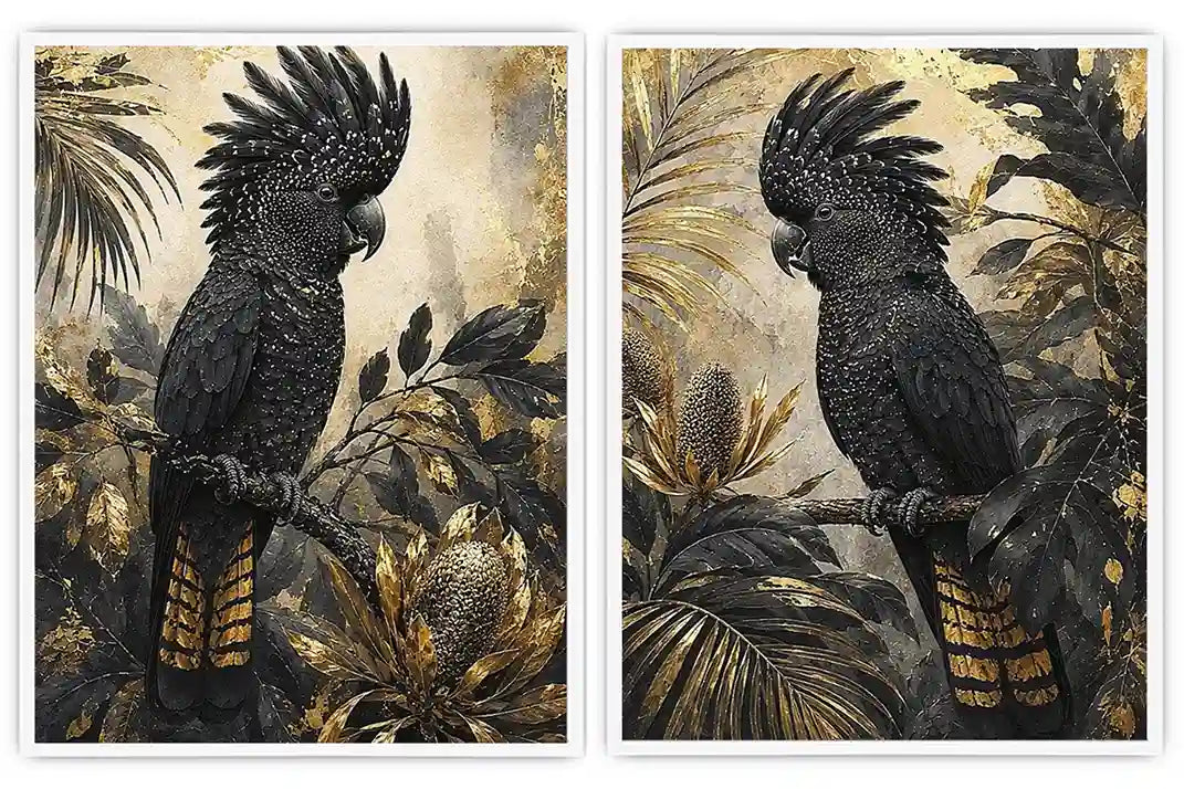 Black cockatoo botanical diptych wall art with dark tropical foliage, palms and banksia-style flowers.