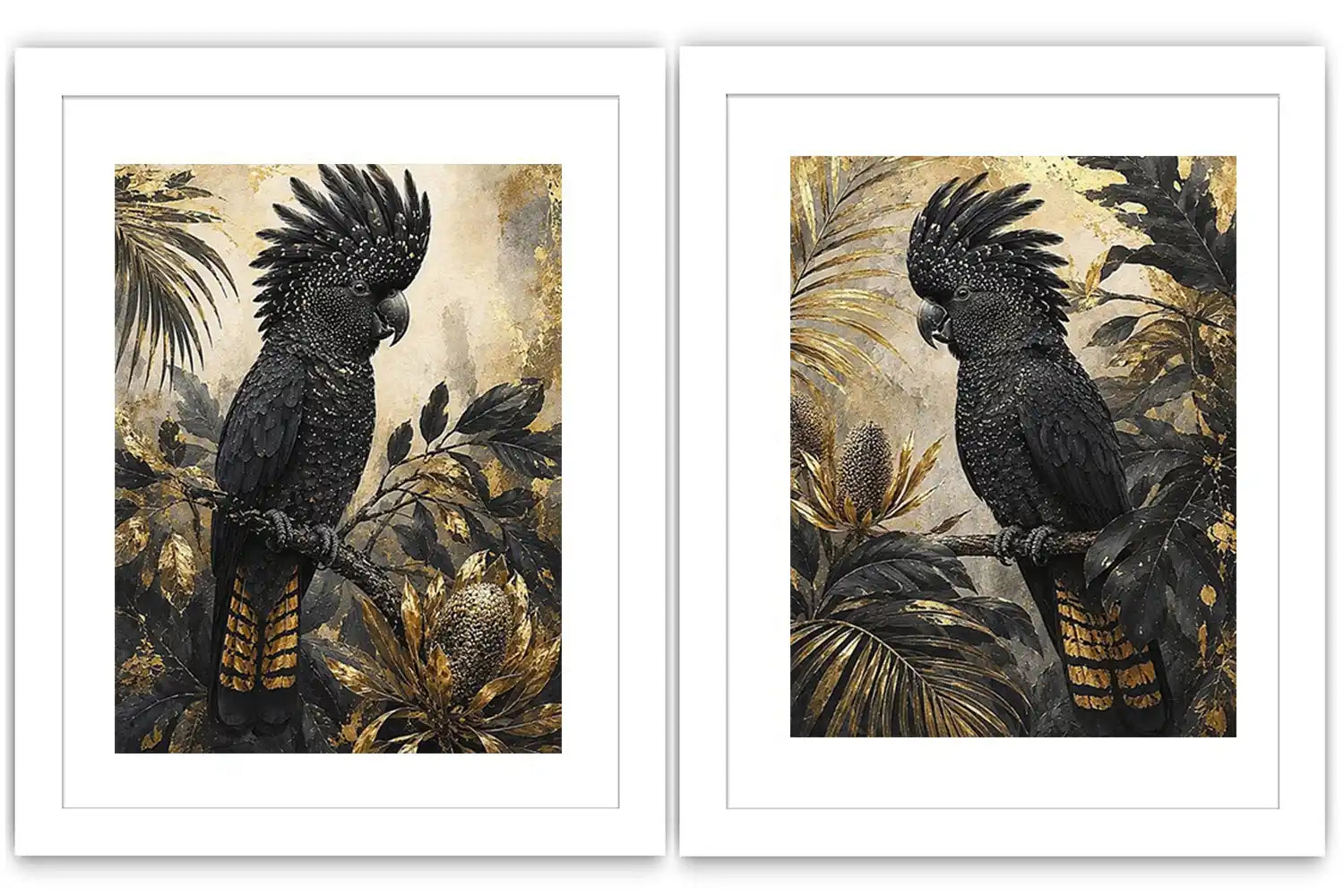 Black cockatoo botanical diptych wall art with dark tropical foliage, palms and banksia-style flowers.