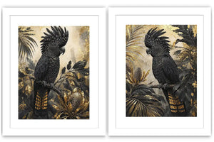 Black cockatoo botanical diptych wall art with dark tropical foliage, palms and banksia-style flowers.