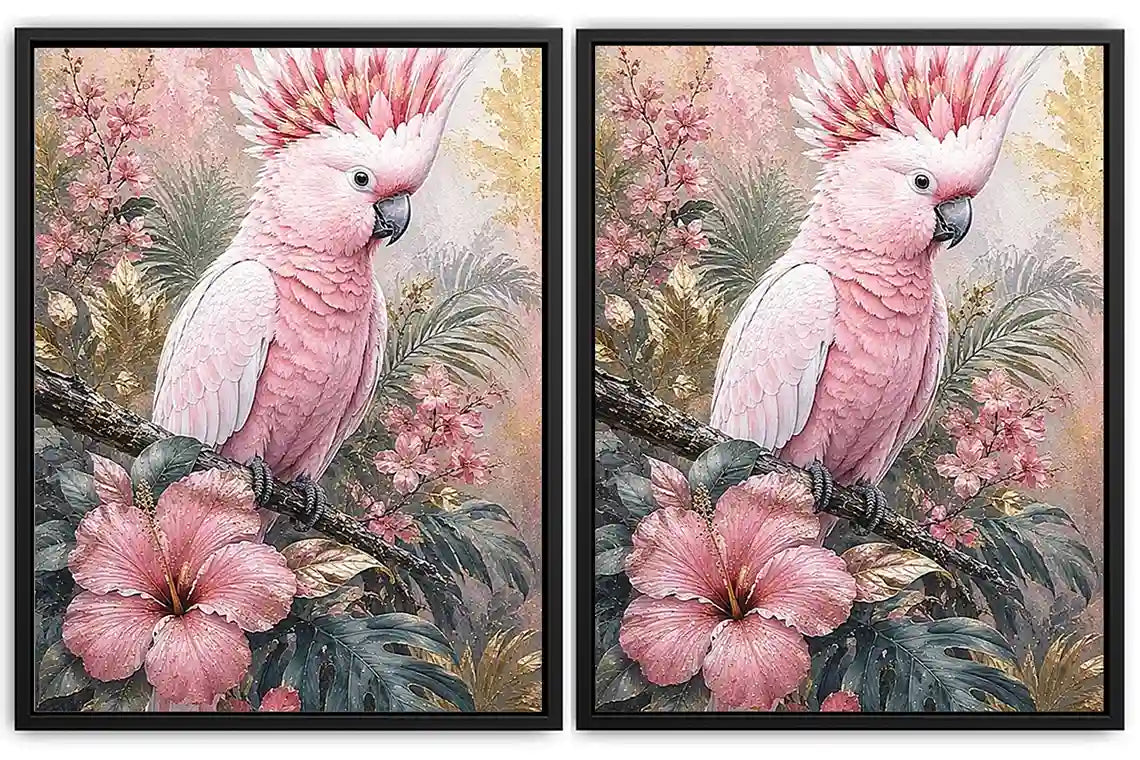 Pink cockatoo tropical floral diptych wall art with hibiscus flowers, palm leaves and soft pastel botanical details.