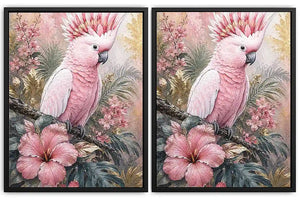 Pink cockatoo tropical floral diptych wall art with hibiscus flowers, palm leaves and soft pastel botanical details.