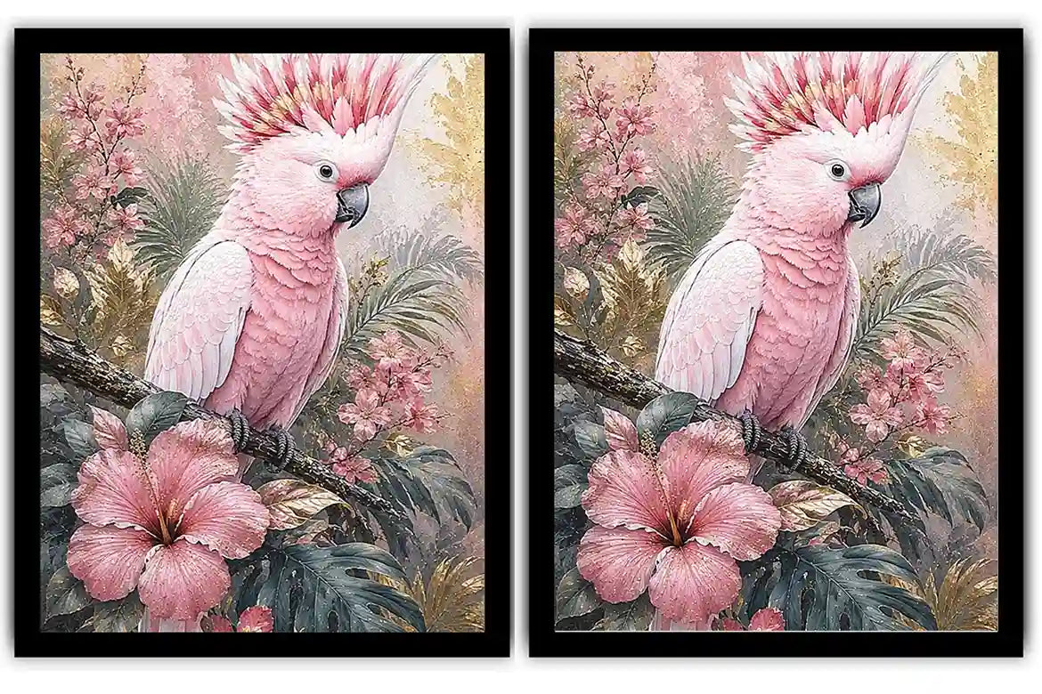 Pink cockatoo tropical floral diptych wall art with hibiscus flowers, palm leaves and soft pastel botanical details.