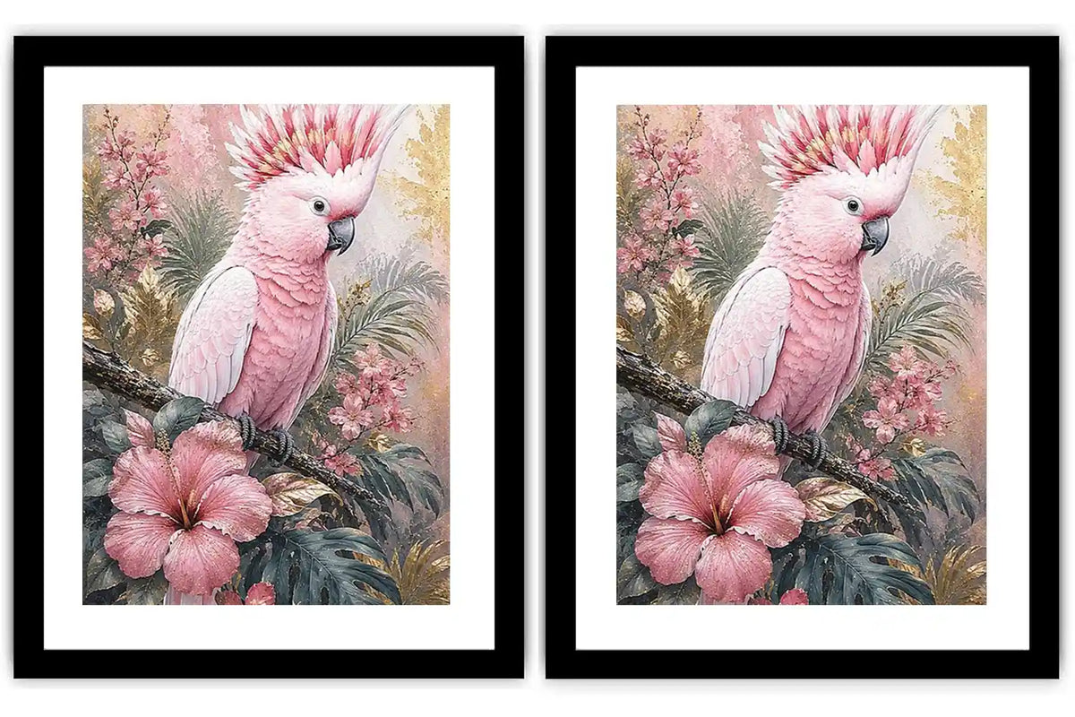 Pink cockatoo tropical floral diptych wall art with hibiscus flowers, palm leaves and soft pastel botanical details.