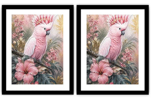 Pink cockatoo tropical floral diptych wall art with hibiscus flowers, palm leaves and soft pastel botanical details.